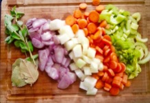 chop vegetables, cook in vegetable stock, add lentils, cook futher 20 mins